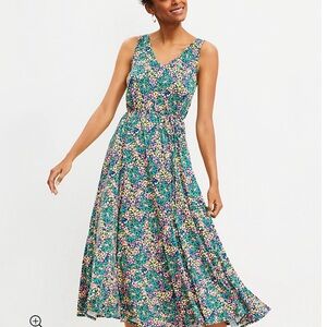 Loft Floral Godet Double V Midi Dress NWT